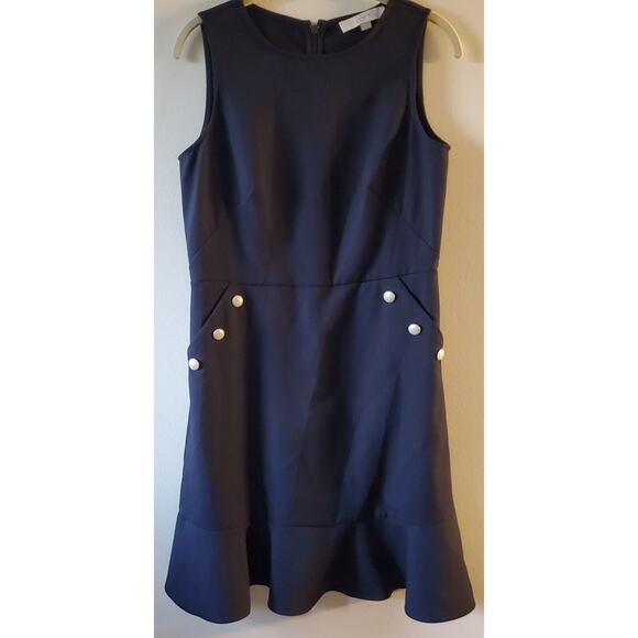 LOFT Pearl Buttons Pockets Flounce Dress Black Size 4 Ruffle Hem Mod Academia - Picture 1 of 10